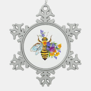Flower bee with wild plants snowflake pewter christmas ornament