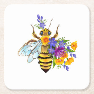 Flower bee with wild plants square paper coaster
