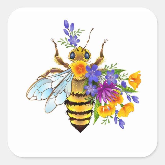 Flower bee with wild plants square sticker (Front)