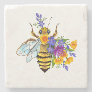 Flower bee with wild plants stone coaster