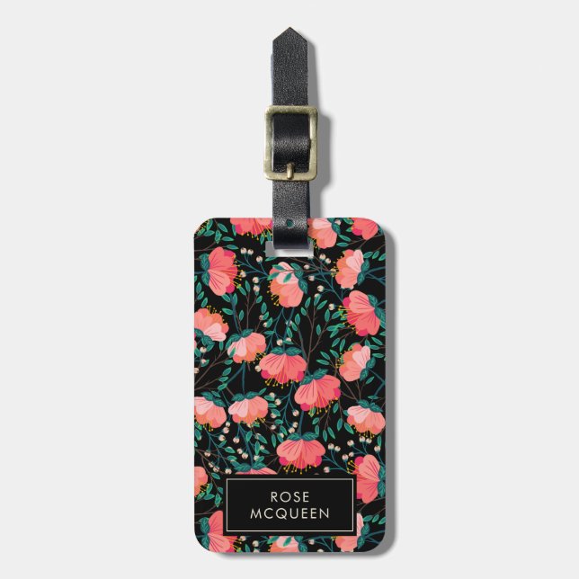 Flower & Berries Pattern - Pink & Black - Name Luggage Tag (Front Vertical)