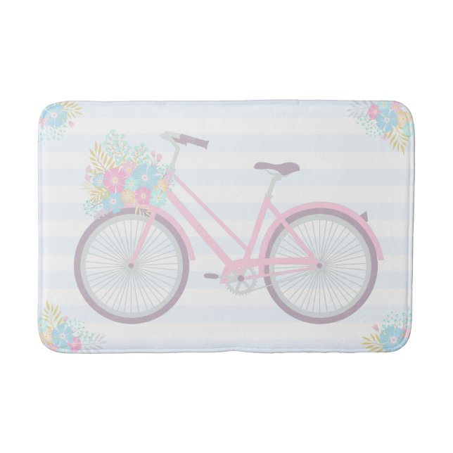 Flower Bicycle Cute Fun Hipster Pink Blue Bath Mat (Front)