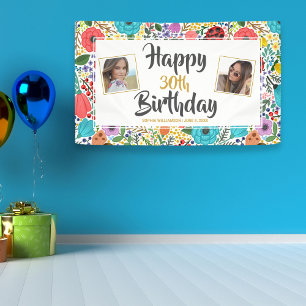 Flower Birthday Party Any Age Name Custom Photos Banner