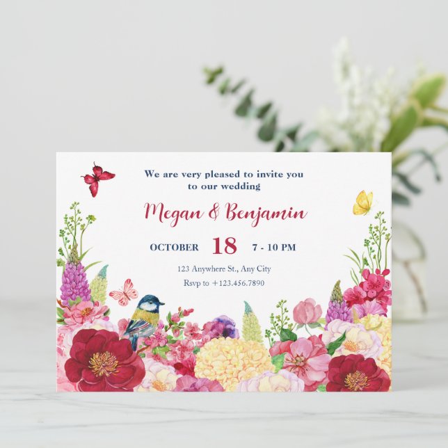 Flower bloom bird butterfly wedding  invitation (Standing Front)