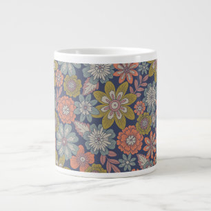 Flower Blooms & Blossoms in Coral, Blue & Green Large Coffee Mug