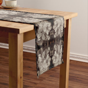 Flower Blossoms Black And White Art Tint Short Table Runner