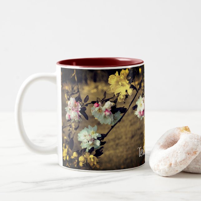 Flower Blossoms In Sepia Personalised Two-Tone Coffee Mug (With Donut)