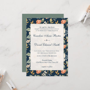 Flower Blossoms Wildflowers on Dark Navy Blue Invitation