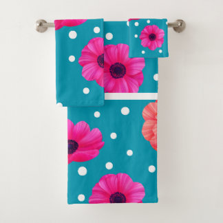 Flower blue and orange pink  bath towel set