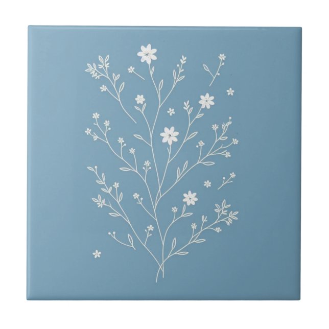 flower botanical blue ceramic tile (Front)