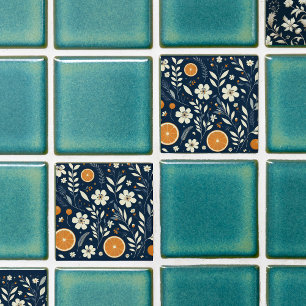 flower botanical blue ceramic tile