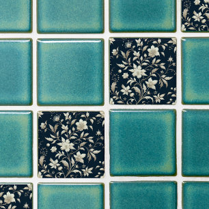 flower botanical blue ceramic tile