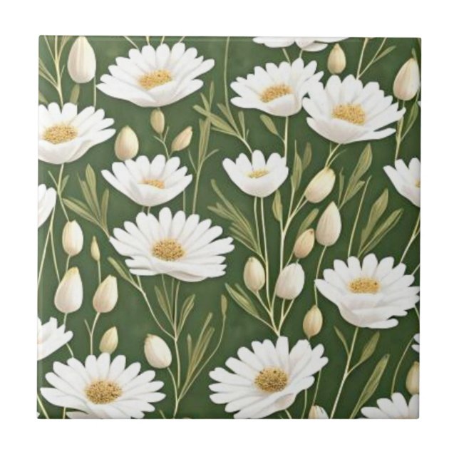 flower botanical emerald green ceramic tile (Front)