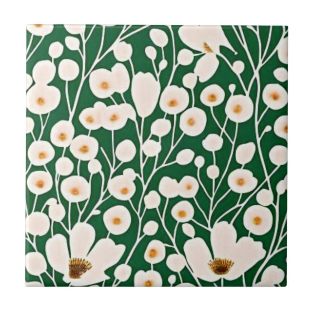 flower botanical emerald green ceramic tile (Front)