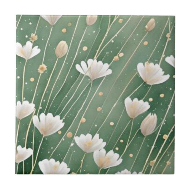 flower botanical emerald green ceramic tile (Front)