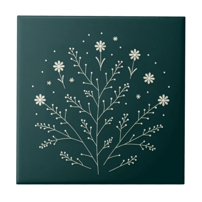 flower botanical emerald green ceramic tile (Front)