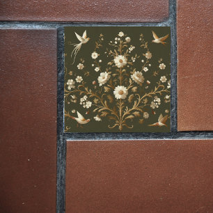 flower botanical green ceramic tile