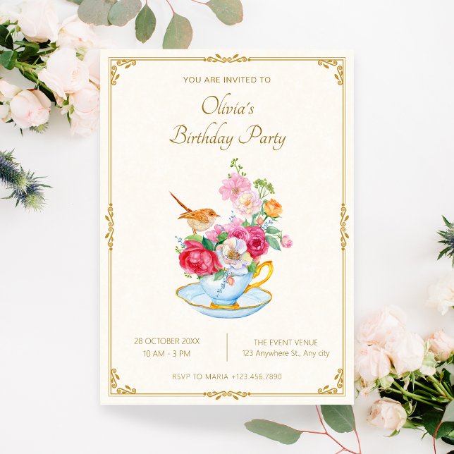 Flower bouquet aesthetic tea cup birthday invitation (Creator Uploaded)