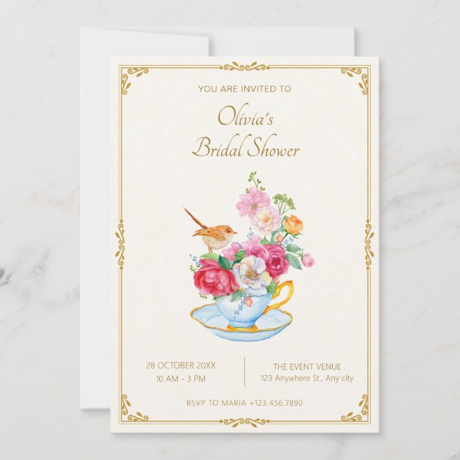 Flower bouquet aesthetic tea cup bridal shower invitation (Front)