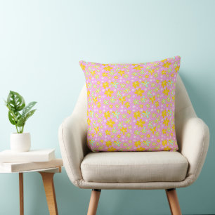 Flower Bouquet Daisy Meadow Pink Yellow Blue White Cushion