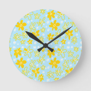 Flower Bouquet Daisy Meadow Sky Yellow White Round Clock