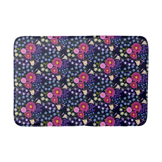 Flower Bouquet Dark Blue Bath Mat (Front)