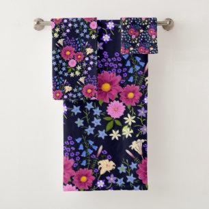 Flower Bouquet Dark Blue Bath Towel Set