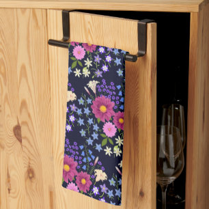 Flower Bouquet Dark Blue Tea Towel