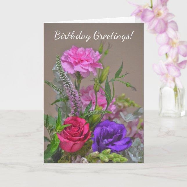 Flower Bouquet Garden Art Birthday Card (Orchid)