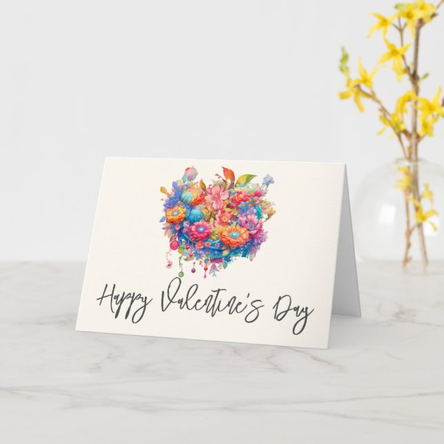 Flower Bouquet in Pink Orange & Blue Valentine's Card (Yellow Flower)