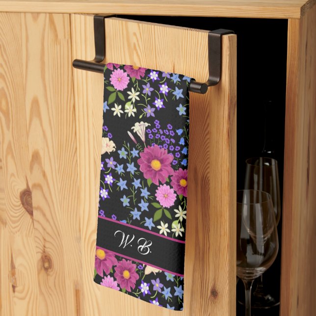 Flower Bouquet Monogram Black Tea Towel (Thirds Fold)