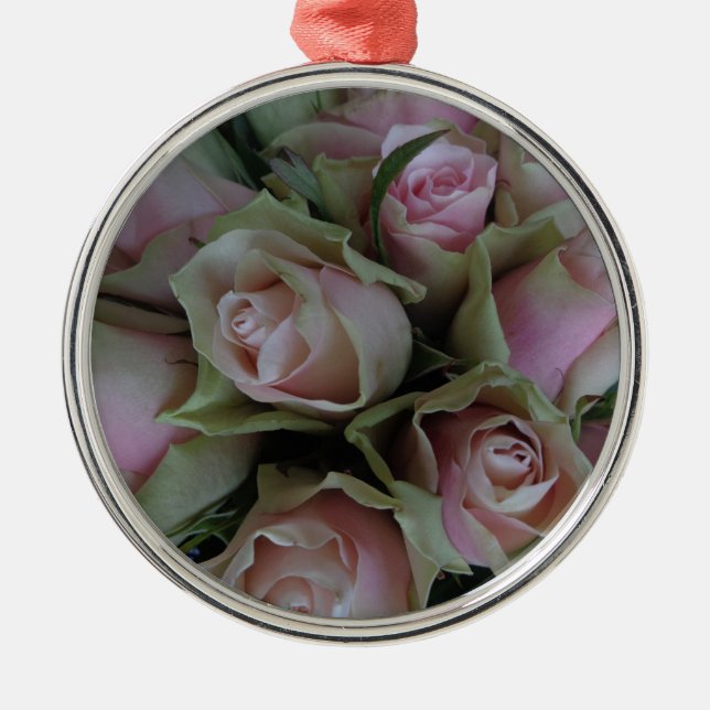 Flower Bouquet of Pink Green Roses Metal Ornament (Front)