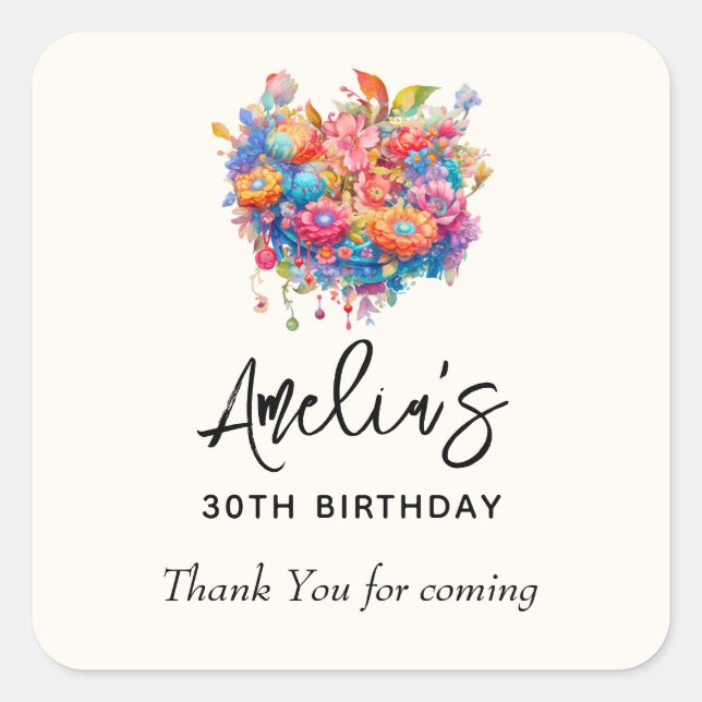 Flower Bouquet Orange & Blue Birthday Thank You Square Sticker (Front)