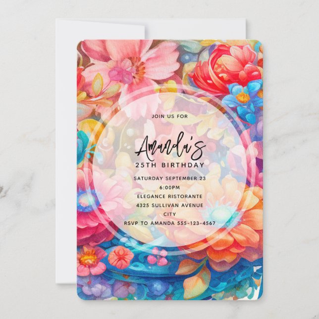 Flower Bouquet Orange & Blue Boho Birthday Invitation (Front)