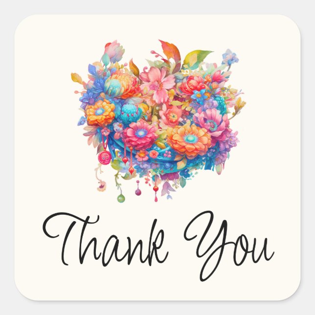 Flower Bouquet Orange & Blue Boho Thank You Square Sticker (Front)