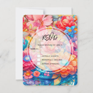 Flower Bouquet Orange & Blue Boho Wedding RSVP Card