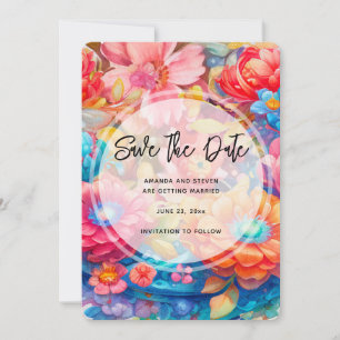 Flower Bouquet Orange & Blue Boho Wedding Save The Date