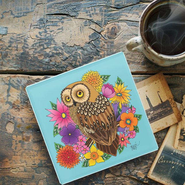 Flower Bouquet Owl Glass Coaster (Creator Uploaded)