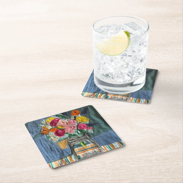 flower bouquet spring flowers square paper coaster (Insitu)