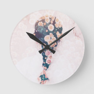 Flower Braid Pastel Pink White Round Wall Clock