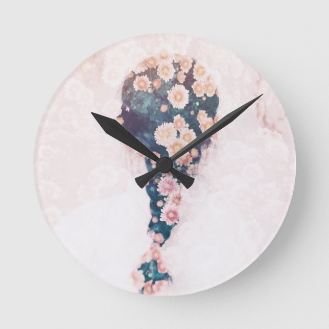 Flower Braid Pastel Pink White Round Wall Clock (Front)