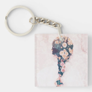 Flower Braid Pastel Pink White Square double-sided Key Ring
