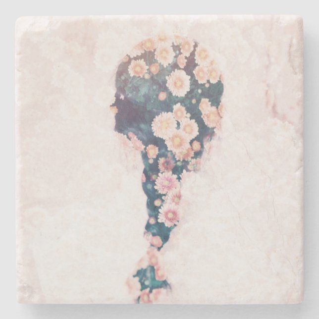 Flower Braid Pastel Pink White Square marble Stone Coaster (Front)