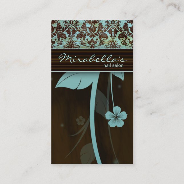 Flower Business Card Damask Blue Brown (Front)