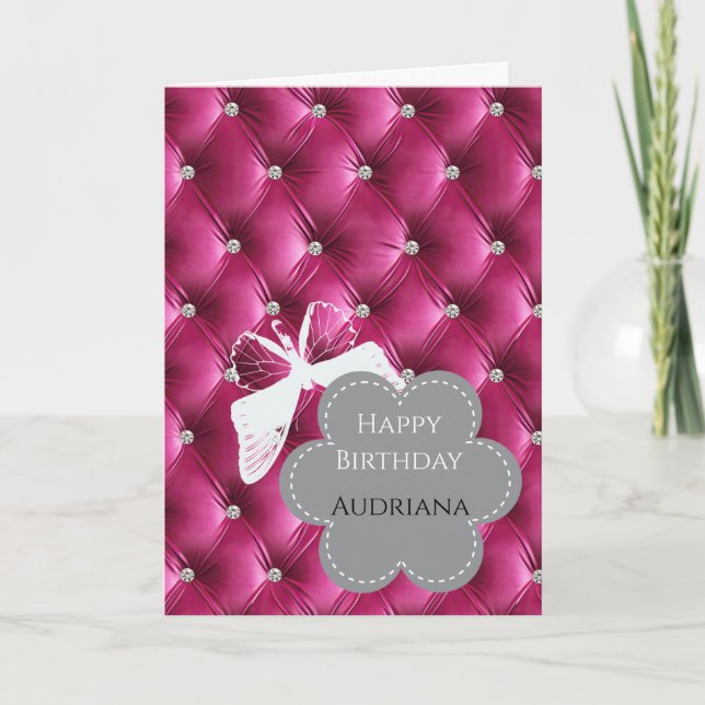 Flower Butterfly Glam Girly Pink Faux Velvet  Card (Front)