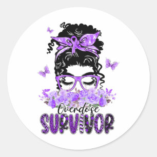 Flower Butterfly Messy Bun Overdose Survivor Gifts Classic Round Sticker