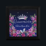 Flower butterfly Quinceanera Gift Box<br><div class="desc">Lovely faux shinny stars on the top border. Elegant and trendy design with fancy script typography. All text is adjustable and easy to change for your own party needs. Great elegant Quinceañera design. Available in different colours. Beautiful princess tiara with flower arrangement. blue Butterfly with on bottom floral border. Different...</div>