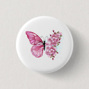 Flower Butterfly with Pink Sakura 3 Cm Round Badge