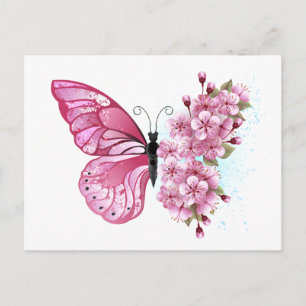 Flower Butterfly with Pink Sakura Announcement Postcard