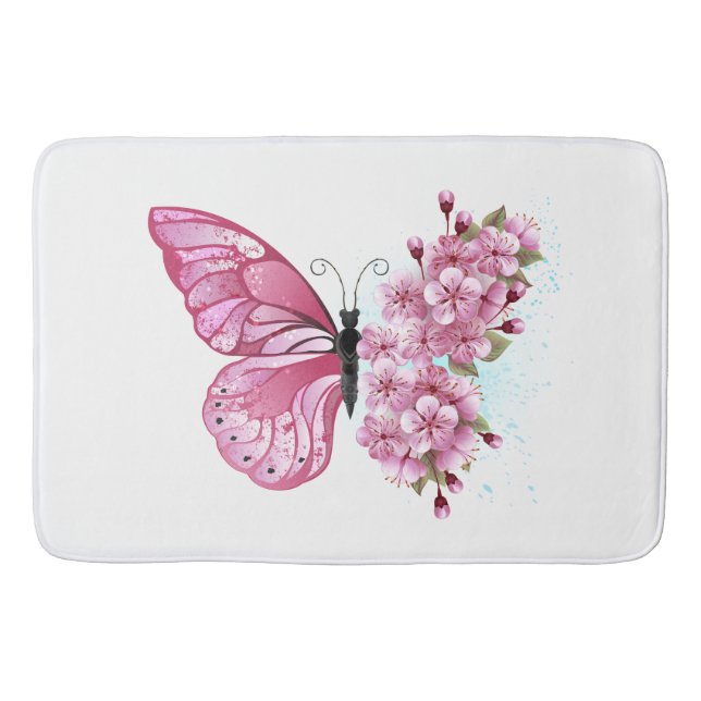 Flower Butterfly with Pink Sakura Bath Mat (Front)